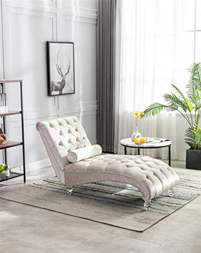 Goujxcy Leisure Velvet Concubine Sofa Accent Sofa Chaise Reclining Lounger Sofa with Acrylic Feet for Living Room Bedroom (Beige)