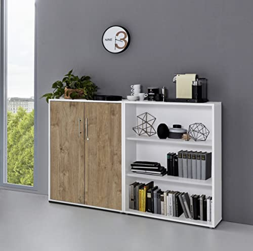 Schrankwand TABOR 1 niedrig abschließbar Aktenschrank Aktenregal Regal in diversen Farben (weiß/Gold Harbor Oak)