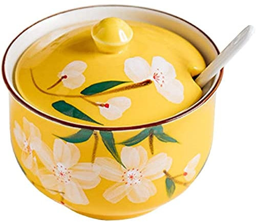 FülleMore Keramik Gewürzdose Gewürzgläser 300ml Zuckerdose mit Deckel und Löffel süße Blumenmuster Salztopf Aufbewahrungsdose für Küche Esstisch (Gelb)