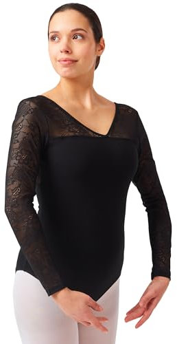 tanzmuster Ballett Trikot Damen Langarm - Britta - Baumwolle - BH-Pad-Einschub - Ärmel aus Spitze - schwarz 40 - schwarzer Tanz Body - Ballettkleidung für Erwachsene