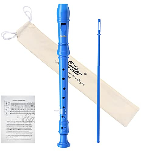 Eastar Flauta de pico soprano para principiantes, niños, instrumento de flauta de pico alemán en do, soporte para el pulgar, bolsa de algodón, tabla de dedos, azul, ERS-21GB.