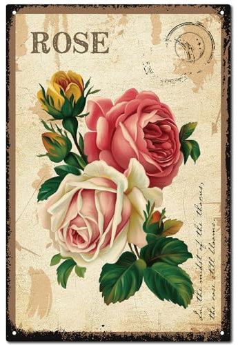 CREATCABIN Flower Tin Garden Vintage Metal Sign Poster Retro Painting Plaque Iron Wall Decor Rose Art Mural Hanging Decorative for Farmhouse Country Kitchen Home 12 x 8Inch