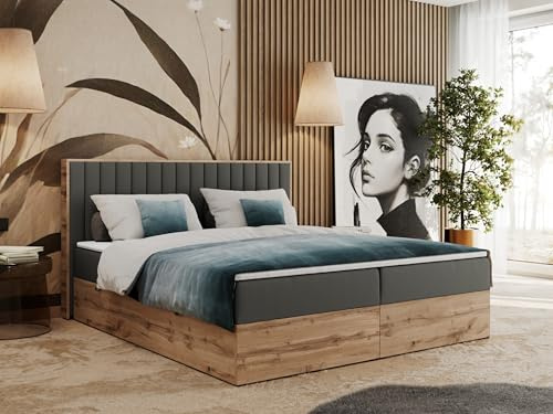MKS MEBLE Boxspringbett 180x200 mit Bettkasten Holz Holzrahmen, Boxbett 180x200 mit Matratze H3 und Kopfteil - Grau Kunstleder - Albero-4