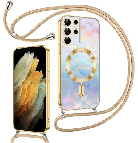 Kokio Magnetische Glitzer Handykette für Samsung Galaxy S21 Ultra 5G Hülle mit Band [Kompatibel mit MagSafe] Kameraschutz Handyhülle für Frauen Mädchen Silikon Case für Samsung S21 Ultra 5G Gold