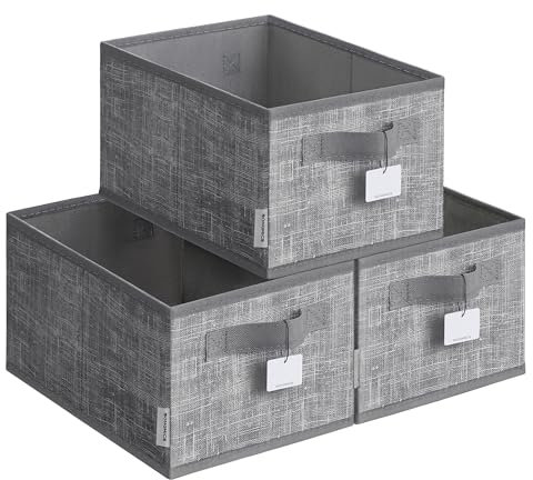 SONGMICS Aufbewahrungsbox 3er Set, zusammenklappbar, Stoffboxen aufbewahren, 30 x 20 x 15 cm, für Kleiderschrank, 2 Griffe, Etikette, für Schlafzimmer Wohnzimmer, schilfgrau ROB415G01