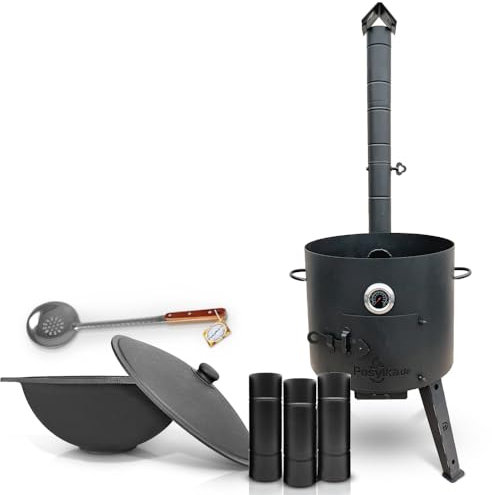 Hierro fundido Kazan 16 L Kazan Казан con horno de fuego Utschak Ø 44 cm de fondo plano Termómetro de extensión tubo de espuma para Plov 48 cm Учак Учаг Uchag Asia (Set 2)