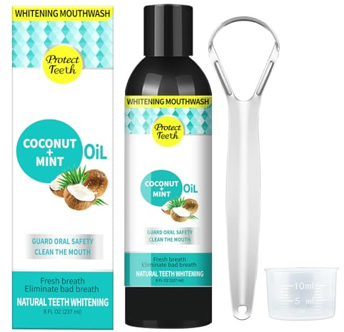Coconut Mouthwash,Mint Oil Pulling Mouthwash with Tongue Scraper - Natural, Alcohol Free Coconut Oil Pulling for Teeth to Help with Fresh Breath and Healthier Teeth & Gum,Coconut Pulling Oil-8 Fl.Oz