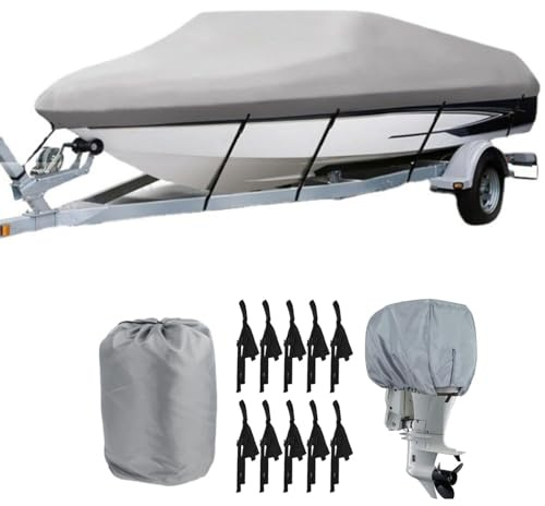 Bootspersenning mit Außenborder Abdeckung,600D Oxford Gewebe Wasserdicht Staub Schutz Bootsplane,Schwarz Bootsplane für Yacht Schnellboot Angelboot V-Rumpf (Grau, 20-22FT)