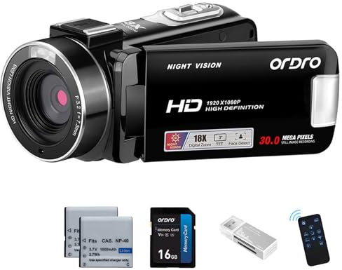 ORDRO Full HD 1080P 30MP Camcorder 18-facher Digitalzoom IR-Nachtsicht YouTube-Videokamera 3,0 Zoll 270° drehbarer Bildschirm mit 16 GB Karte und 2 Akkus Vlogging-Kamera (Schwarz)