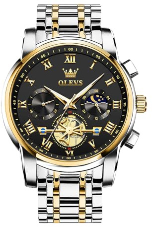 OLEVS Großes Analog Herrenuhren Metallarmband Quarz Edelstahl Herren Armbanduhr mit Mondphase Leuchtende Chronograph Wasserdicht Uhr Geschenke für Männer
