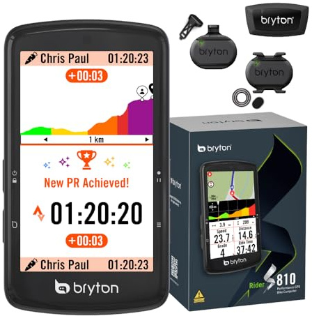 Bryton Rider S810 GPS-Fahrradcomputer Bundle mit 3,5 Farb-Touchscreen mit 2.5D-Glas, 50 Std. Akkulaufzeit, Offline-Europakarte, Turn-by-Turn-Navigation, ANT+/BLE, Strava Live Segmente, mit Sensoren