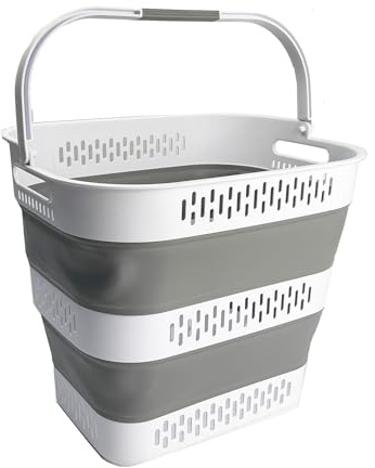 SAMMART 40L Zusammenklappbarer Wäschekorb aus Kunststoff mit Griffen – faltbarer Pop-Up-Aufbewahrungsbehälter/Organizer – tragbarer Wäschesammler – platzsparend (1, Weiß/Grau)