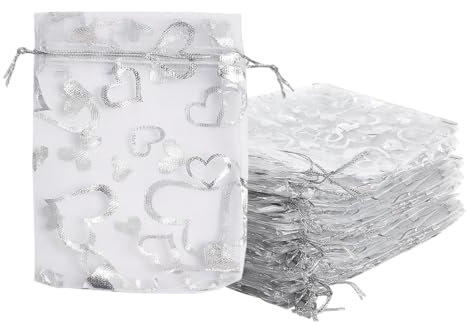 LAJUP 50 pezzi sacchetti in organza, sacchetto di organza con motivo a cuore, regali gioielli linea oro, nastro di caramelle per festival, matrimoni, feste, 7 x 9 cm, multicolore