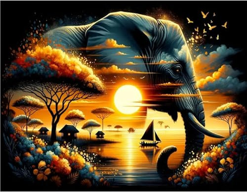 GLIDIAM 50x40cm Diamond Painting Elefant Groß Dschungel, Diamant Malerei Bilder Tiere, DIY Full Drill Basteln Erwachsene, Mosaik Stickerei Kreuzstich Geschenk für Wanddeko Wohnzimmer Schlafzimmer