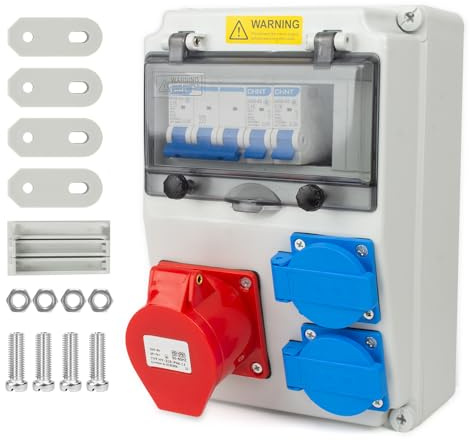 WDKXCN Coffret de Chantier, Coffret Chantier 16A, Répartiteur Mural 16A, Coffret Electrique Etanche avec Disjoncteur, Prises 2x230V & 1xCEE 16A Câblé, IP44 Distributeur de Courant Électrique