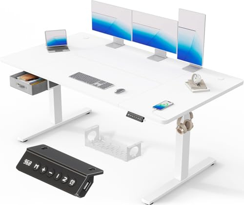 Devoko Scrivania Elettrica Regolabile In Altezza 160 x 80 cm, Ufficio 4 Sezioni Con Funzione Di Memoria, Cassetti, Porte Usb E Sistema Di Gestione Cavi, Bianco