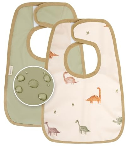 MIMUSELINA Baberos Bebe Impermeables Reutilizables | Babero Bebe Recien Facil de Poner | Babero con Certificación OEKO-TEX y Sin BPA | Hecho en Espana | Pack de 2 Baberos Dino