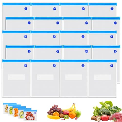 20 Pezzi Sacchetti Sottovuoto Alimenti, Riutilizzabili Alimenti, Buste Sottovuotocon Riutilizzabili, con 2 Clip di Chiusura, per Conservazione Alimenti e Cottura Sottovuoto (21X22CM-20PACK)