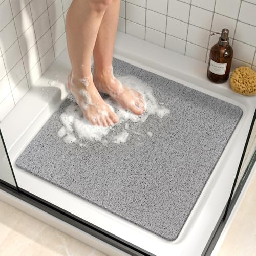 HITSLAM Tapis de Douche Antiderapant, 53x53cm Tapis de Baignoire Antidérapant sans Ventouse, Doux PVC Luffa Tapis de Bain pour Salle de Bain, Séchage Rapide, Drainage Efficace, Gris