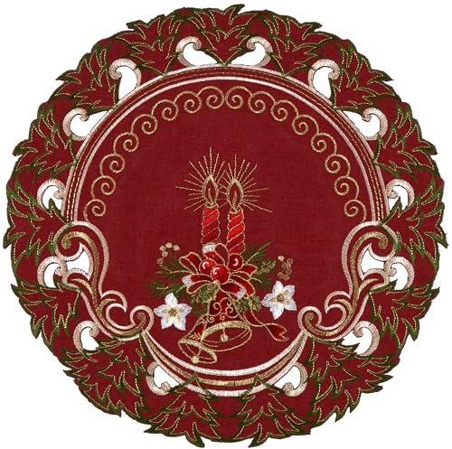 Tischdecke Weihnachten Mitteldecke Bestickt Deckchen Rund 40 cm Weihnachtstischdecke Rot Kerze Gold Stoff Waschbar