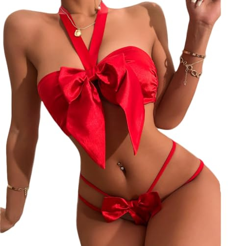 ZYTC underkläder röd juldag underkläder kvinnor set behå och trosor mikrobikini sexig extrem alla hjärtans dag tvådelad för kvinnor, röd, M