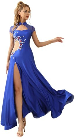 ROYAL SMEELA Robe de Danse Orientale en Maille Mujer,Robe de Danza Del Vientre Strass, Costume Danseuse Orientale Bleu avec Manches Courtes