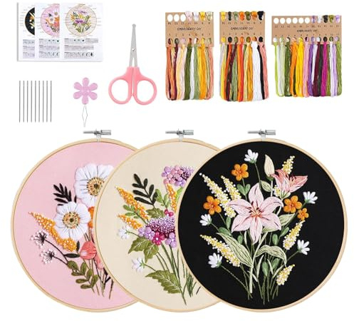 Nadiaen 3 Pcs Embroidery Kits for Adults Embroidery Set Beginner-Friendly DIY Craft Kit with Hoop, Needles & Pattern - Complete Starter Hand Embroidery Collection for Learning and Creating