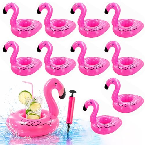 10 portabevande gonfiabili con 1 pompa ad aria, portabicchieri per piscina, flamingo, regalo di compleanno per giochi da bagno, famiglia, piscina, feste, spiaggia
