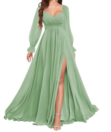 WSEYU A Line Long Casual Wedding Dress Ruffles Evening Party Gowns Chiffon Formal Dresses for Women Sage Green UK20