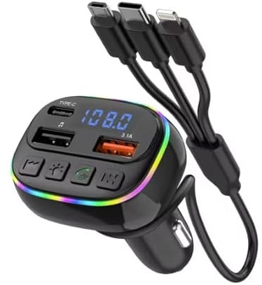 Trasmettitore FM Bluetooth per auto con cavo di ricarica 3 in 1 (compatibile con USB-C/Micro-USB/Lightning), caricatore da auto da 20 W con USB-C e 2 USB, vivavoce, trasmettitore FM 87,5-108 MHz