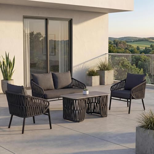 Mendler Gartengarnitur HWC-P90, Lounge-Set Gartenlounge Sofa Sessel Tisch, Seilgeflecht Rope Stoff/Textil (180g/m²) - anthrazit