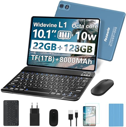 fezawio Tablet 10 Pollici Android 14, 22GB RAM + 128GB ROM Octa-Core, 5G WiFi, Widevine L1, 8000 mAh, (1TB TF) Tablet con Tastiera e Mouse - Blu