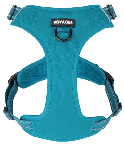 Voyager No Pull Hundegeschirr für große Hunde, doppelte Leinenbefestigungen, verstellbar, weich, Aber stark, mit 3M-Reflextechnologie, Türkis-Nylon, L (Brustumfang: 63,5–76,2 cm)