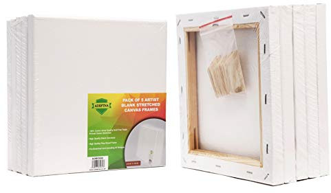 ADEPTNA Pack of 5 Artist Blank Stretched Canvas Frames - 100% Cotton Artist Quality Acid Free Triple Primed Gesso Stretched Canvas Frames with 40 Tightening Keys (20CM X 20CM)