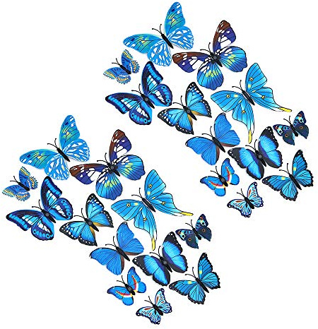 Shiwaki 24pcs 3D-Simulation dreidimensionale Schmetterling Magnet Wandaufkleber Dekoration Kühlschrank Aufkleber Home Dekoration (Blau)