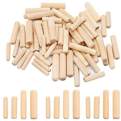 smseace 400PCS Straight Groove Wooden Dowel Pins with Tapered End with Bevel Angle, 1/4inch 5/16inch 3/8inch(6mm, 8mm, 10mm) Wooden Dowel Pins, Used for Crafts, Furniture, DIY Manual