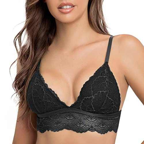 SHEKINI Elegant Bralette Damen Spitze BH ohne Bügel Triangel Spitzen BH Sexy Bustier Gepolsterter Longline Bra Blumen 2 Haken