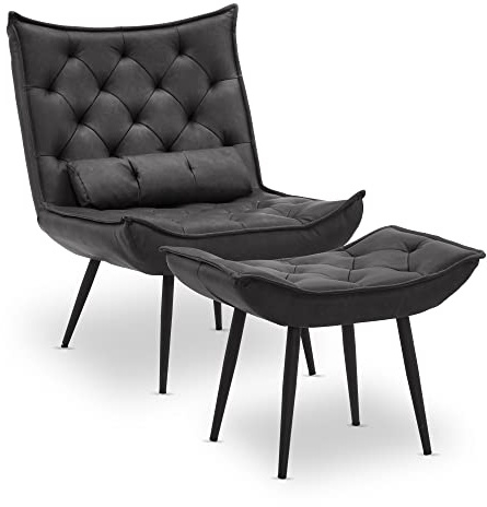 MCombo Sessel mit Hocker, moderner Relaxsessel mit Taillenkissen für Wohnzimmer, Retro Vintage Lesesessel Loungesessel Stuhl Polstersessel 4778(Dunkelgrau-Kunstleder)