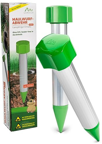 Gardigo® Repellente per Talpe Mini - Set di 2 | Repellente per Talpe a Batterie | 400 Hz | Repellente per Talpe per Giardino | Cilindro per Ricambio Semplice delle Batterie | Repellente per Arvicole
