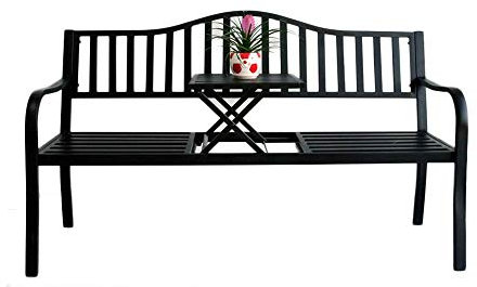 ZMYJTO 59-Zoll-Terrassen-Gartenbank, Außenbank, Metall-Balkon-Parkbank mit Mitteltisch, wetterfester Veranda-Sitz, Gartenmöbel, Stahlrahmenbank mit Rückenlehne, für Hof, Terrasse