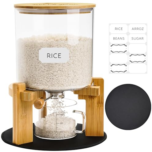 Belle Parc Glass Rice Dispenser 10 lbs, with Airtight Lid & Labels & Slider mat. Make your glass rice container Glass AND Bamboo rice container! Best 5L capacity grain dispenser and rice holder