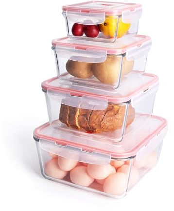 HUSANMP Grandi Contenitori per alimenti in vetro, con coperchi 8 pezzi (4 contenitori + 4 coperchi) - senza BPA, ermetici - adatti per microonde, lavastoviglie e forno (Quadrato & Arancione)