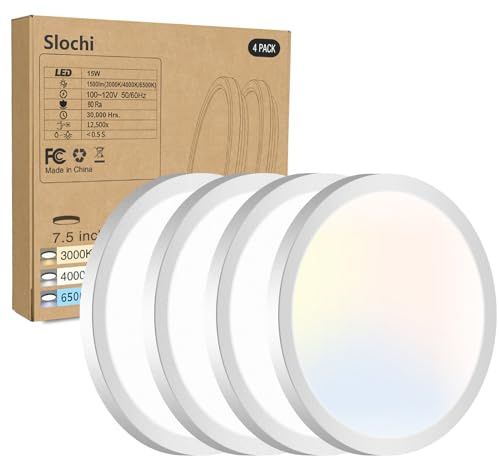 4PACK LED Flush Mount Ceiling Light Fixture, 3000K-4000K-6500K & 100W Equivalent Modern Kitchen Recessed Ceiling Lamp 15W 1500Lm 7.5 Inch Closet Round Surface for Bathroom Laundry Bedroom Hallway