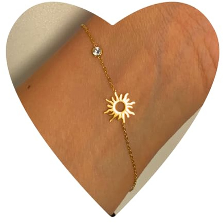 NataschaWoge® Sonne Armband Damen Edelstahl 18K vergoldet – zierliches Armkettchen 16–20 cm – minimalistischer Goldschmuck mit Anhänger – Geschenk Freundin, Mama, Schwester