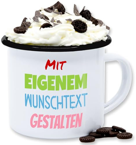 Emaille Tasse Blechtasse - Aufdruck selbst gestalten - Wunschtext I Mit eigenem Text personalisiert I Custom Text - 300 ml - Weiß Schwarz - tassen personalisieren personalisierte beschriften