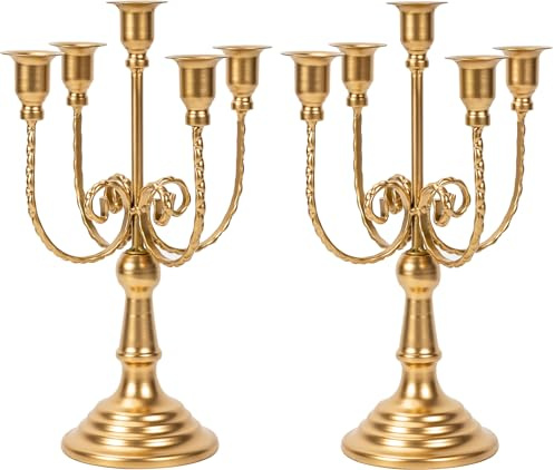 2Pcs Gold Candelabras Centerpieces for Tables, 11.8 Candlestick Holder for Taper Candles, 5 Arm Brass Candelabra Candle Holder for Wedding Centerpiece Decor Party Event Reception Decoration