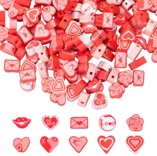 SUNNYCLUE 1 Box 200Pcs Valentines Clay Beads Heart Clay Beads Valentines Day Heart Polymer Clay Beads Pink Romantic Rose Flower Spacer Loose Beads for jewellery Making DIY Bracelets Necklaces Supplies