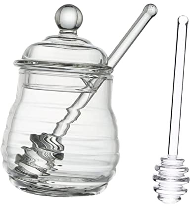 MAGICLULU Distributeur de Miel en Verre Pot de Miel Maison avec Bâton et Couvercle Contenant 380ml pour Stockage et Distribution et Aliments Secs