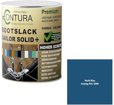 Contura Bootslack Farbig SEIDENMATT Yacht- Buntlack Metall Holz GFK Holzlack Boot Farblos (Yacht Blau - RAL 5009 Analog, 1 Liter)