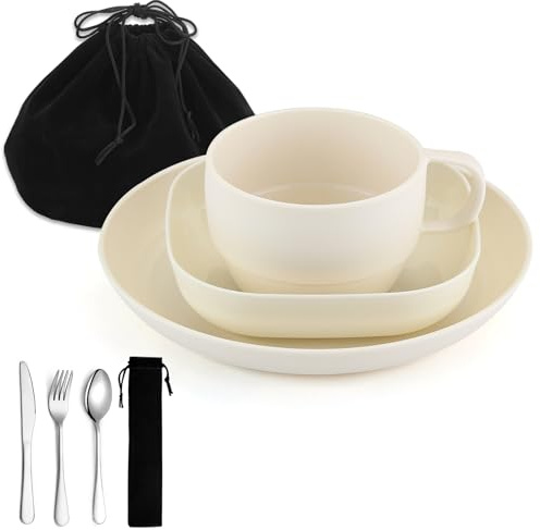 ReaNea - Set di utensili da campeggio, piatti e ciotole con tazza da caffè, set di posate da viaggio, cucchiaio, forchetta, coltello
